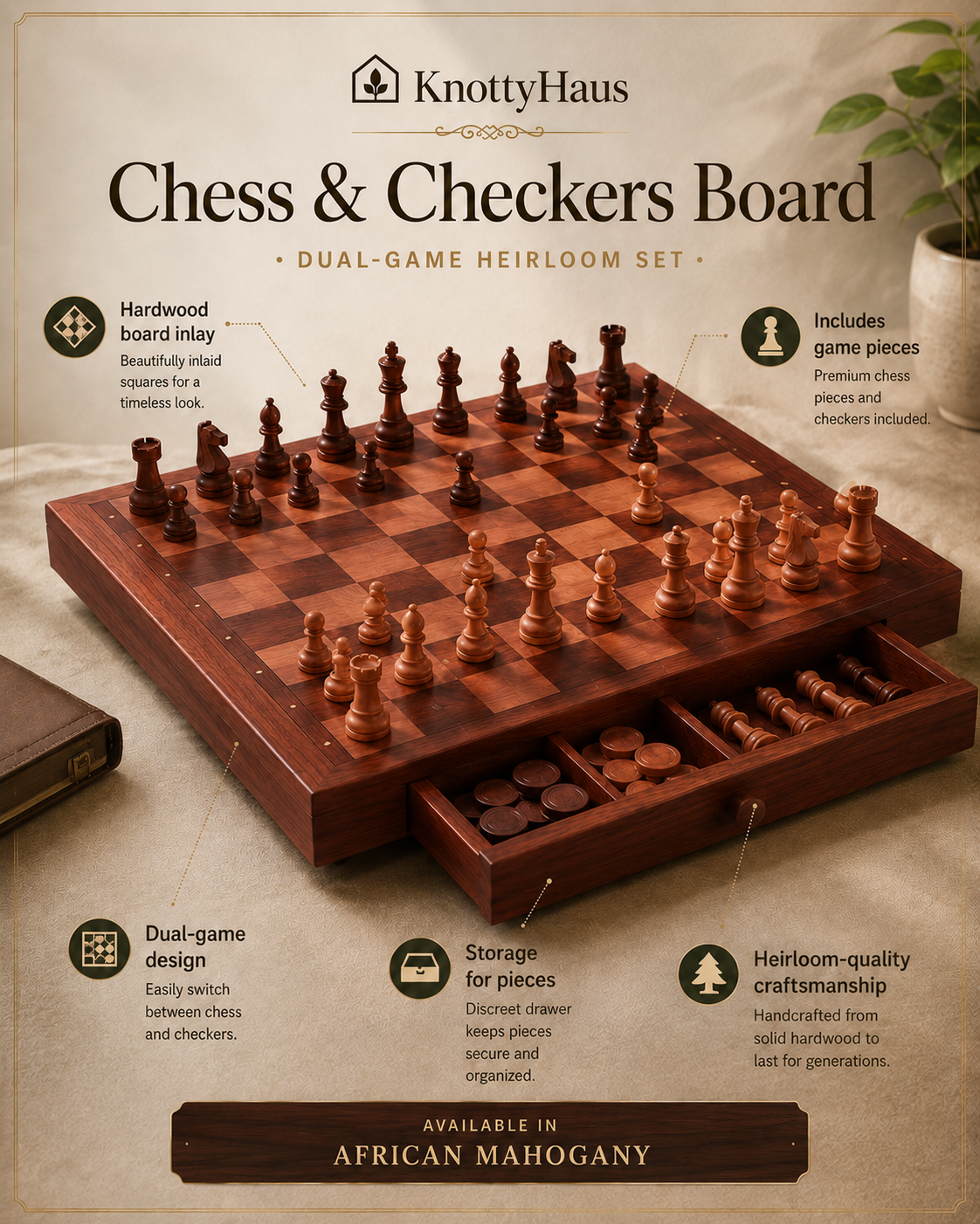 Chess & Checkers Board in African Mahogany