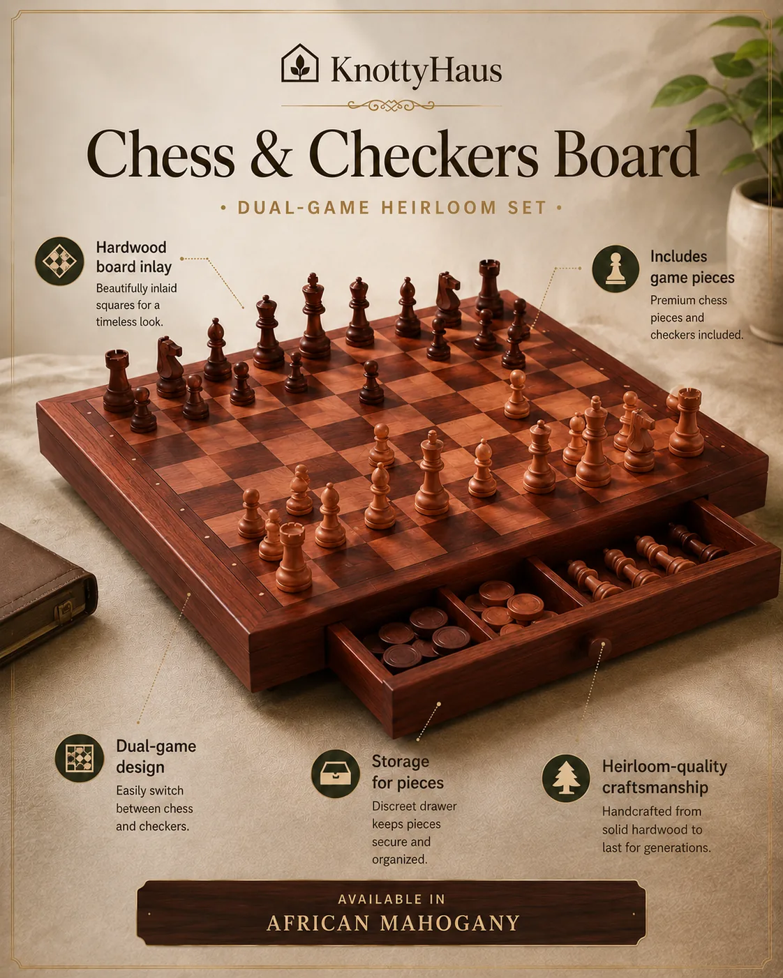 Chess & Checkers Board in African Mahogany