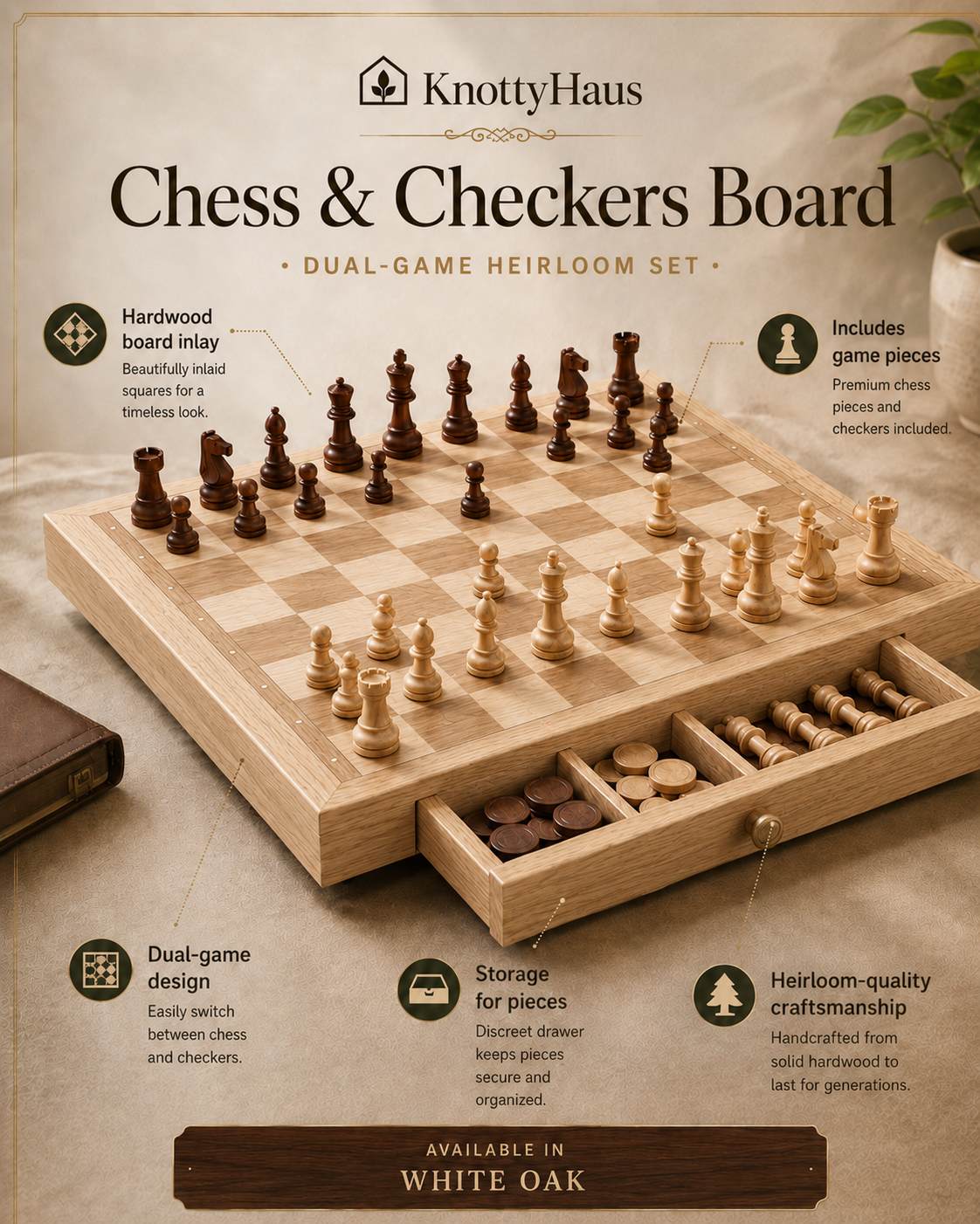 Chess & Checkers Board in White Oak