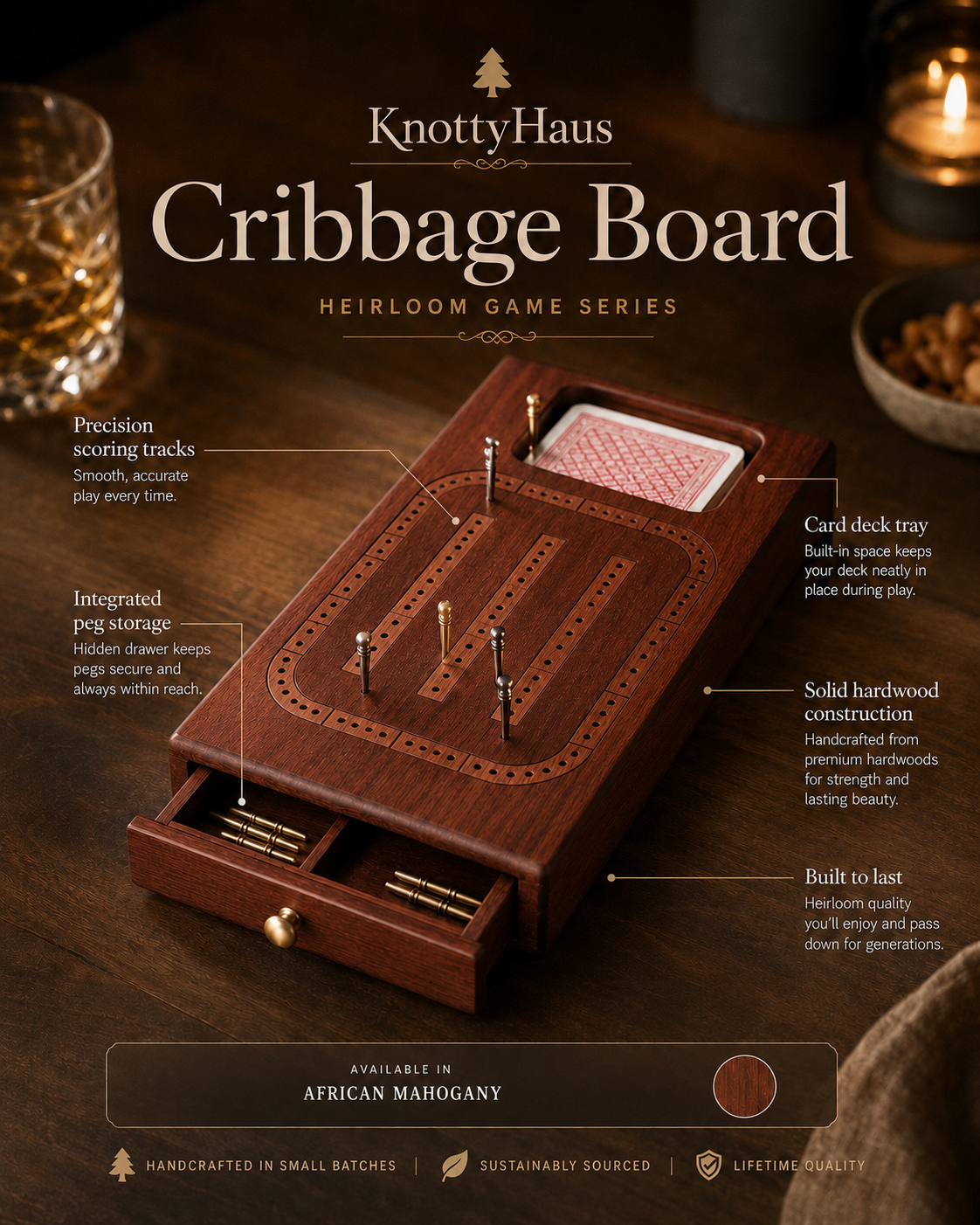 Cribbage Board in African Mahogany