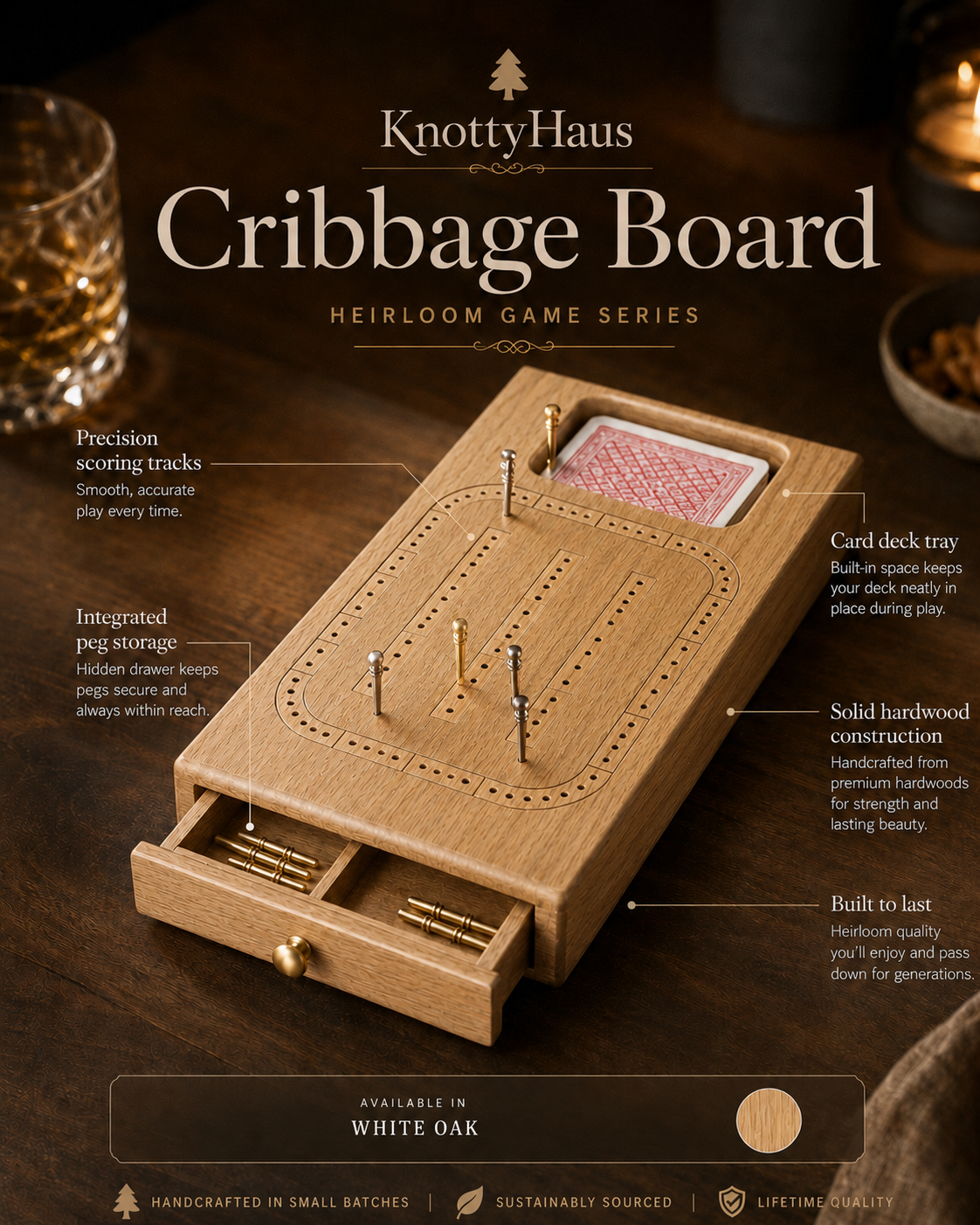 Cribbage Board in White Oak