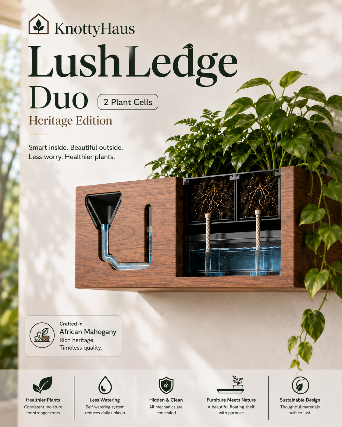 LushLedge self-watering floating shelf planter