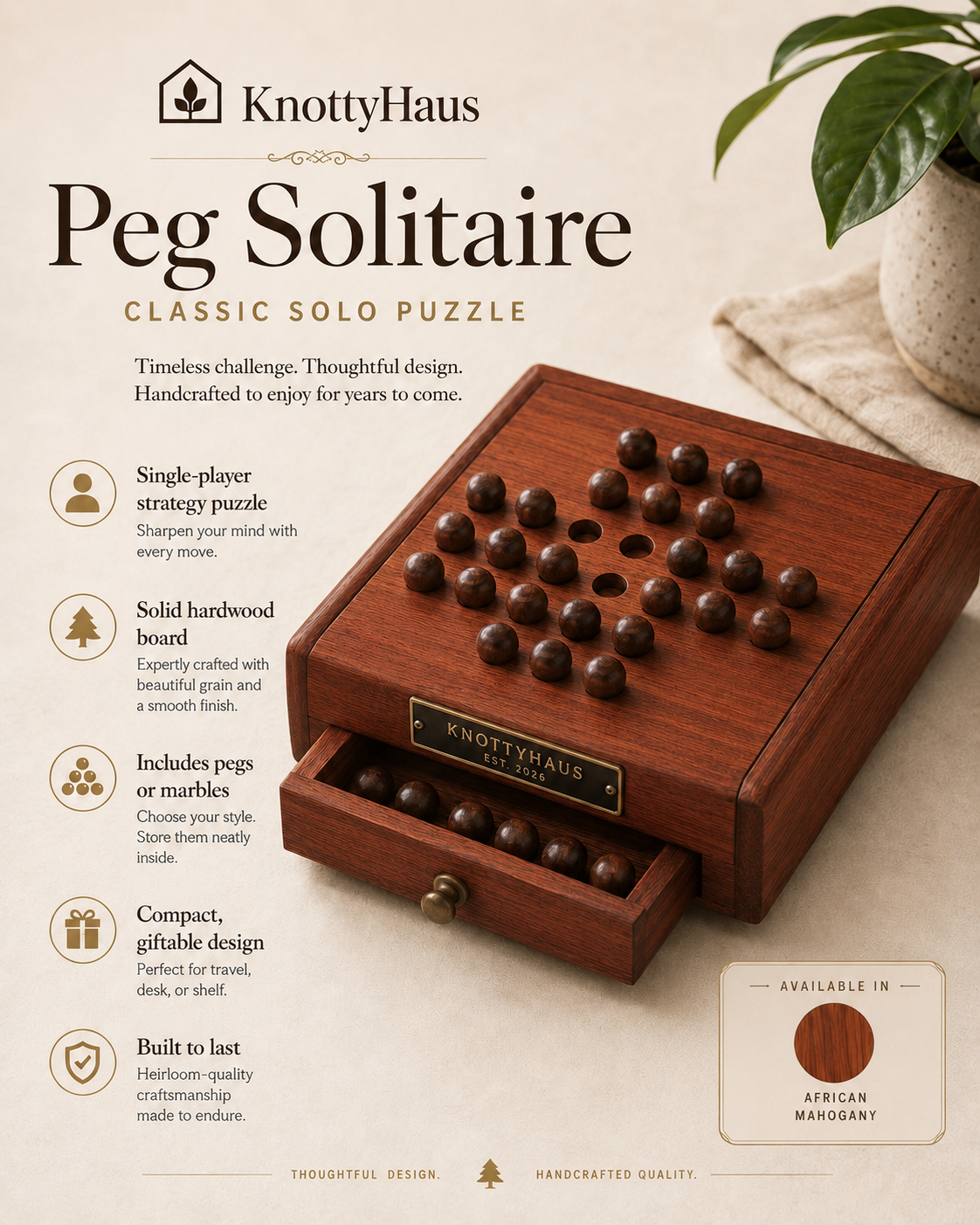 Peg Solitaire in African Mahogany