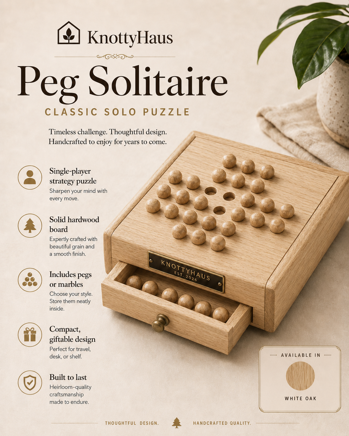 Peg Solitaire in White Oak